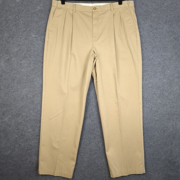 LL Bean Mens 42x32 Comfort Waist Double Pleated Chino Pants Khaki Tan - Picture 2 of 14